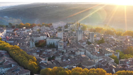 Large-aerial-view-over-Uzes-city-during-sunrise-France-Gard-beautiful-village